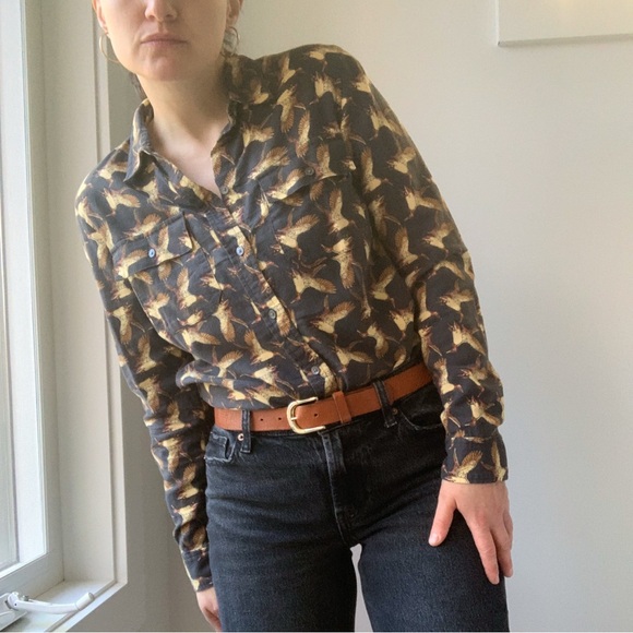 L.L. Bean Tops - L.L. Bean Black Button-Down Shirt with Gold Bird Print